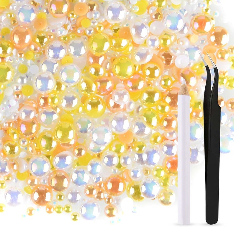 ASTARON 50g Mix Flatback Rhinestones Half Pearls for Crafts Mixed Size 3mm-10mm Flat Back Rhinestones for Crafts Flatback Pearls for Decorating Tumblers Mugs Nail Art Shoes (Yellow White Series) - Image 1